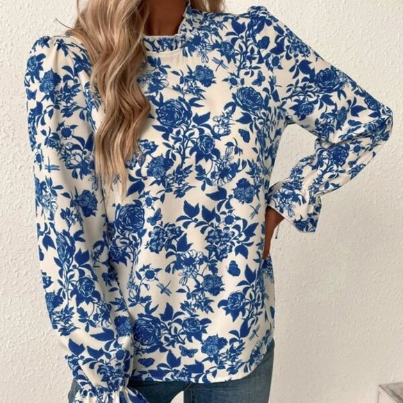 Boho blue long flounced sleeved Floral Print Blouse top plus or reg size - Picture 2 of 7